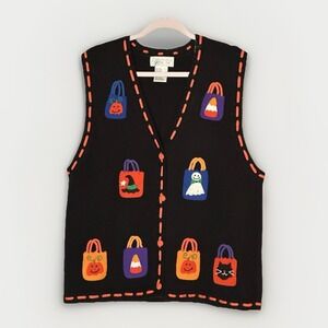 Vintage Mandalay Bay Halloween Sweater Vest Womens XL Black Cotton Blend Pumpkin